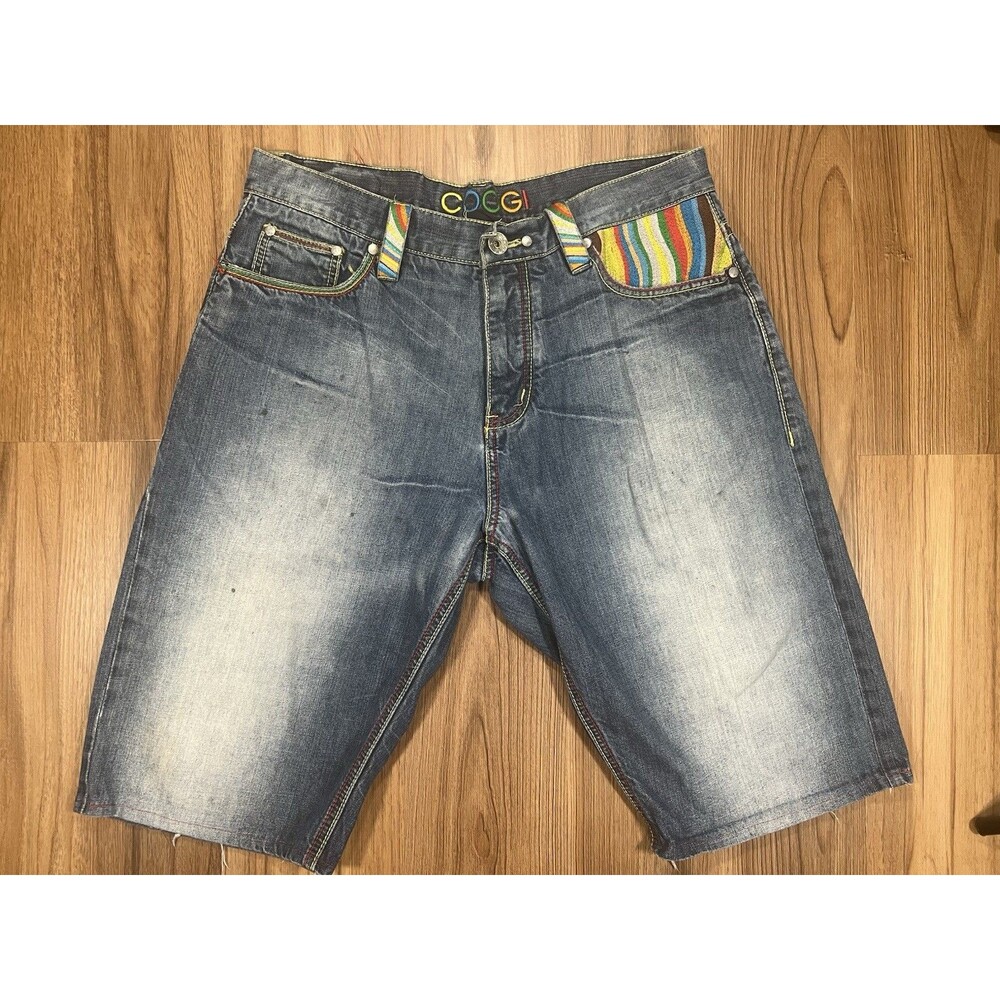 COOGI Vintage Y2K Denim Jean Shorts Mens Rainbow Embroidered Size 36 READ!!!